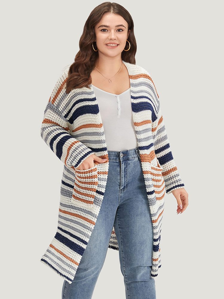 Plus Size Cardigans | Contrast Striped Patched Pocket Split Side Cardigan | BloomChic 