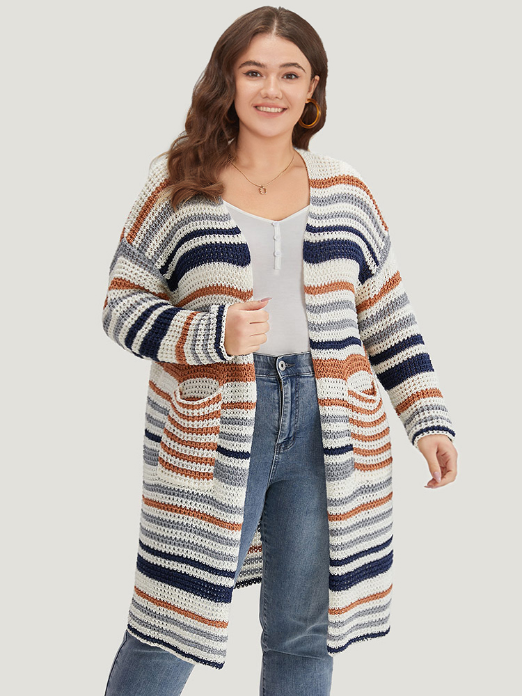 Plus Size Cardigans | Contrast Striped Patched Pocket Split Side Cardigan | BloomChic 
