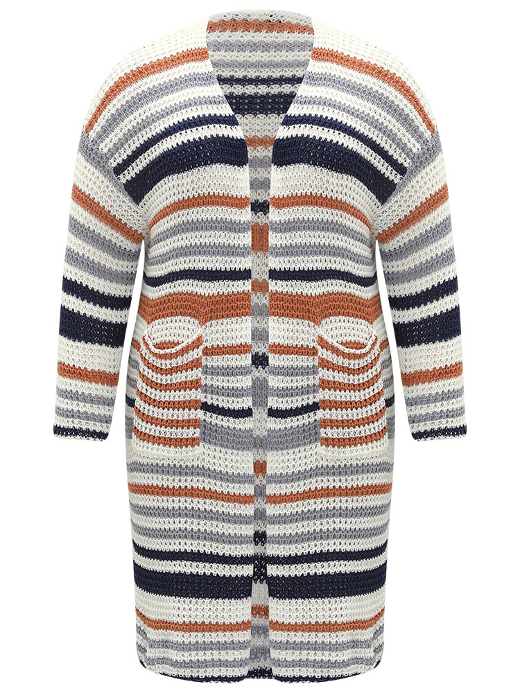 Plus Size Cardigans | Contrast Striped Patched Pocket Split Side Cardigan | BloomChic 