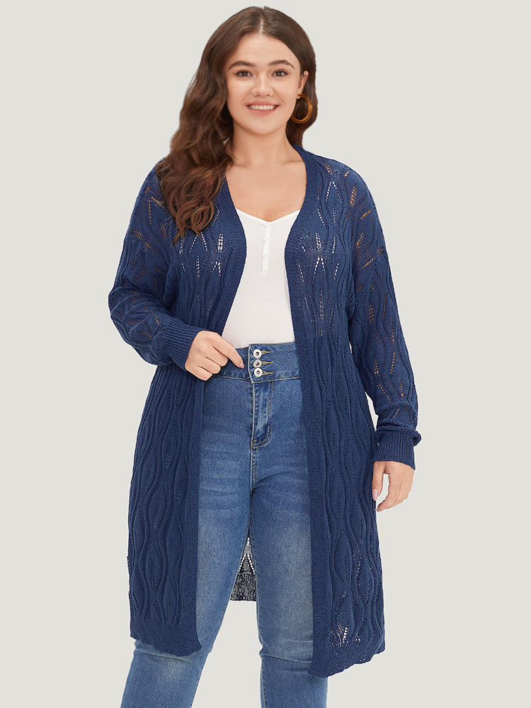 

Plus Size Plain Geometric Eyelet Open Front Maxi Cardigan Indigo Women Casual Loose Long Sleeve Everyday Cardigans BloomChic