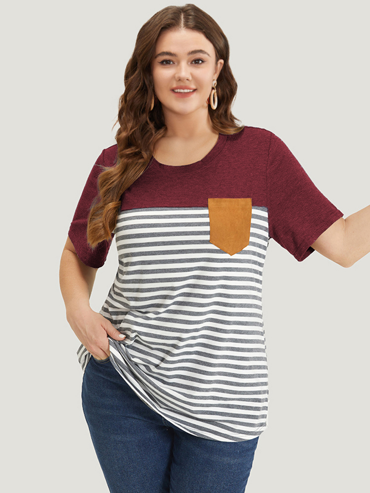 

Plus Size Striped Patchwork Round Neck Patched Pocket T-shirt Red Women Casual Patchwork Striped Round Neck Dailywear T-shirts BloomChic