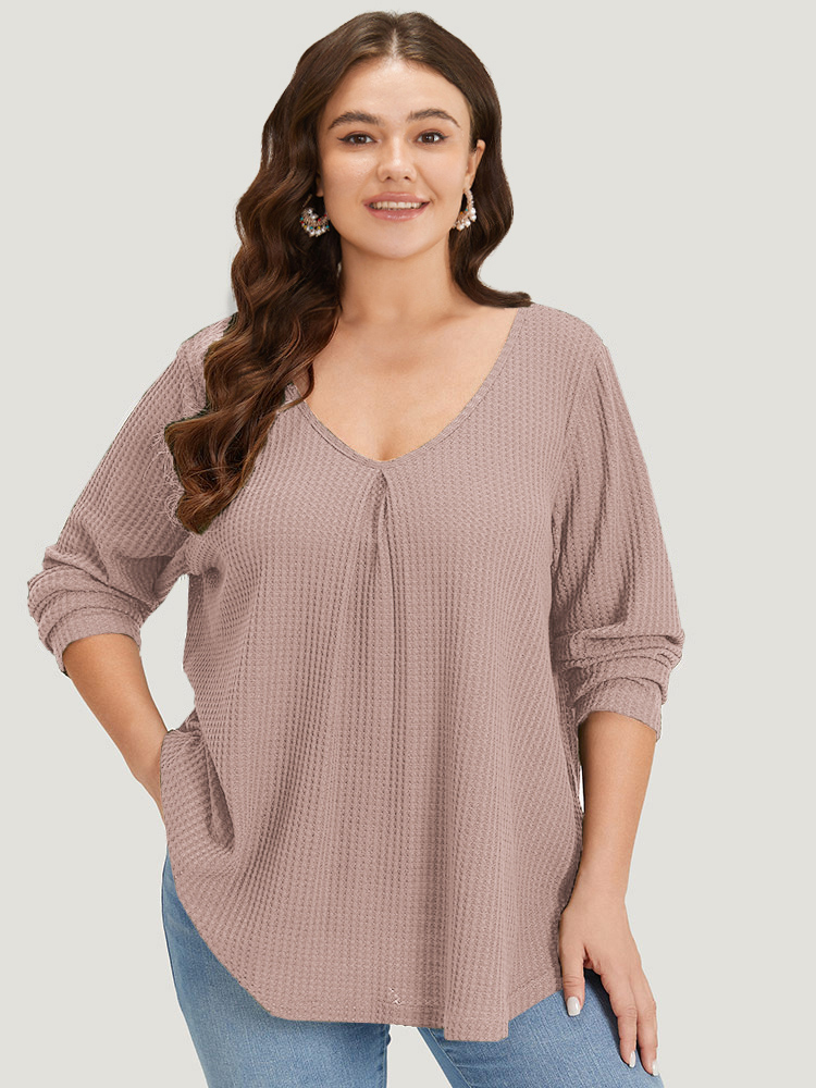 Plus Size Plain Waffle Knit Scoop Neck Plicated Detail T-shirt DustyPink Women Casual Non Plain V-neck Everyday T-shirts BloomChic 30/6X 