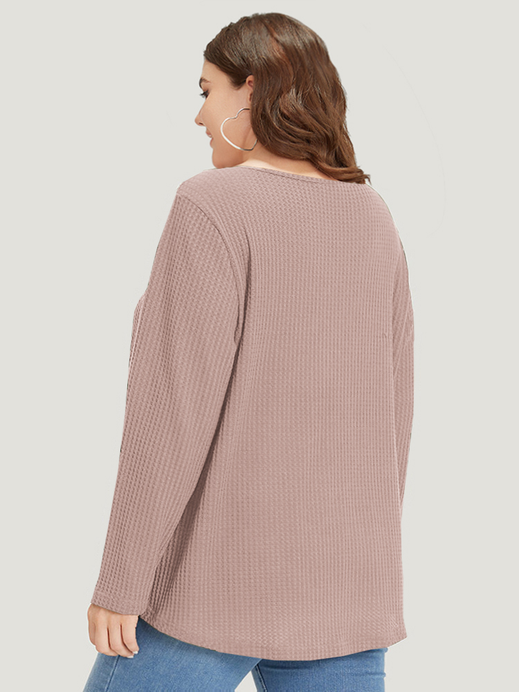 Plus Size Plain Waffle Knit Scoop Neck Plicated Detail T-shirt DustyPink Women Casual Non Plain V-neck Everyday T-shirts BloomChic 30/6X 