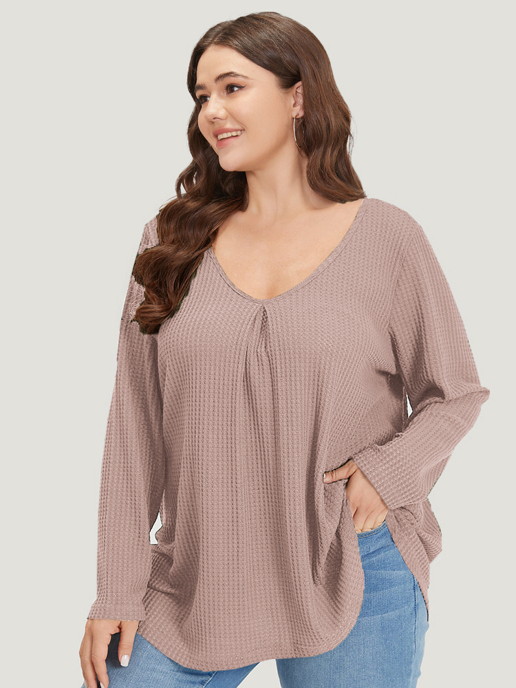Plus Size Plain Waffle Knit Scoop Neck Plicated Detail T-shirt DustyPink Women Casual Non Plain V-neck Everyday T-shirts BloomChic 30/6X 