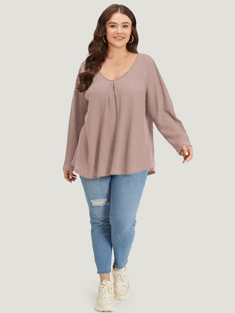 

Plus Size Plain Waffle Knit Scoop Neck Plicated Detail T-shirt DustyPink Women Casual Non Plain V-neck Everyday T-shirts BloomChic