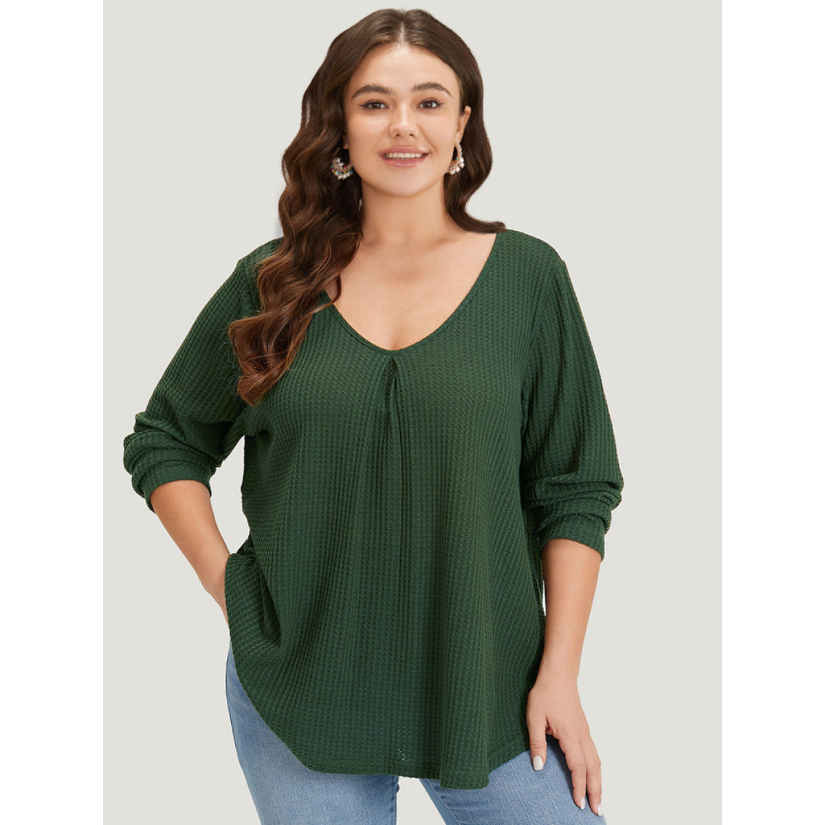 

Plus Size Plain Waffle Knit Scoop Neck Plicated Detail T-shirt DarkGreen Women Casual Non Plain Scoop Neck Everyday T-shirts BloomChic