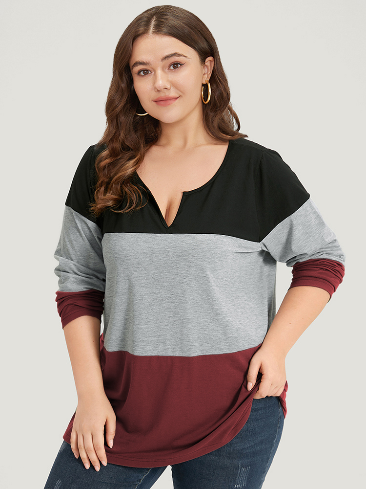 

Plus Size Colorblock Contrast Notched Long Sleeve T-shirt Red Women Casual Contrast Plain Notched collar Dailywear T-shirts BloomChic