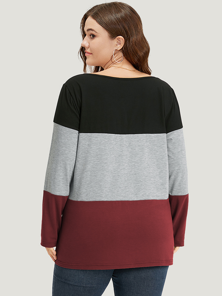 Plus Size Women Dailywear Plain Contrast Regular Sleeve Long Sleeve Notched collar Casual T-shirts BloomChic 