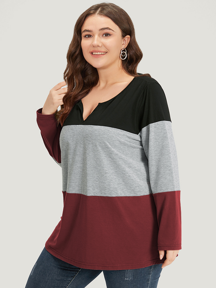 Plus Size Women Dailywear Plain Contrast Regular Sleeve Long Sleeve Notched collar Casual T-shirts BloomChic 