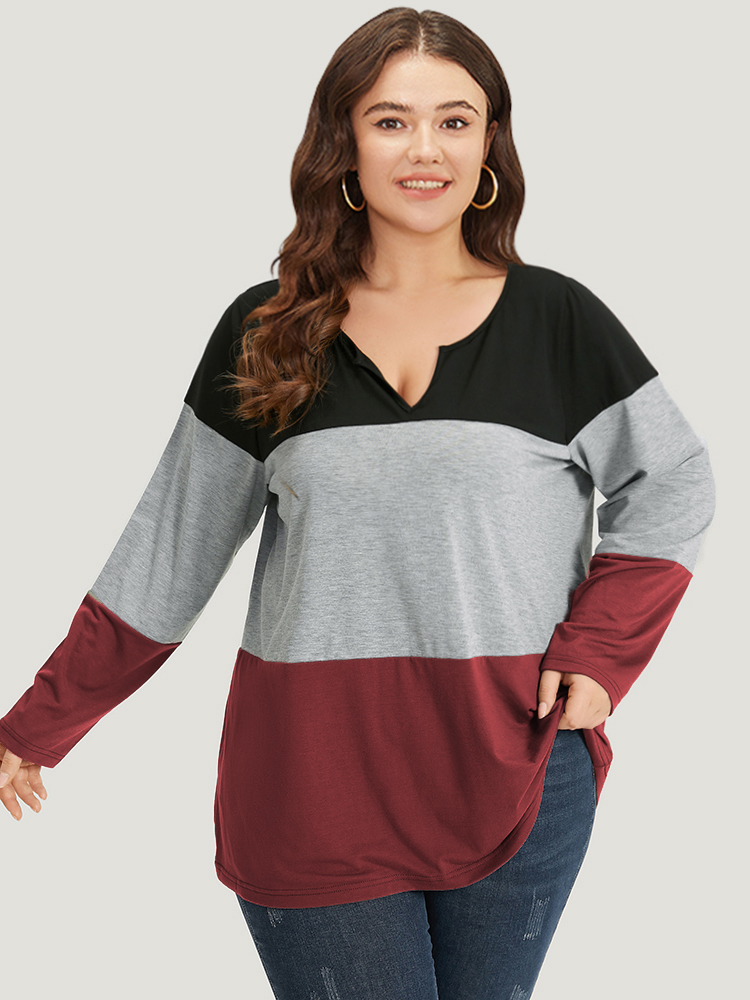 Plus Size Women Dailywear Plain Contrast Regular Sleeve Long Sleeve Notched collar Casual T-shirts BloomChic 