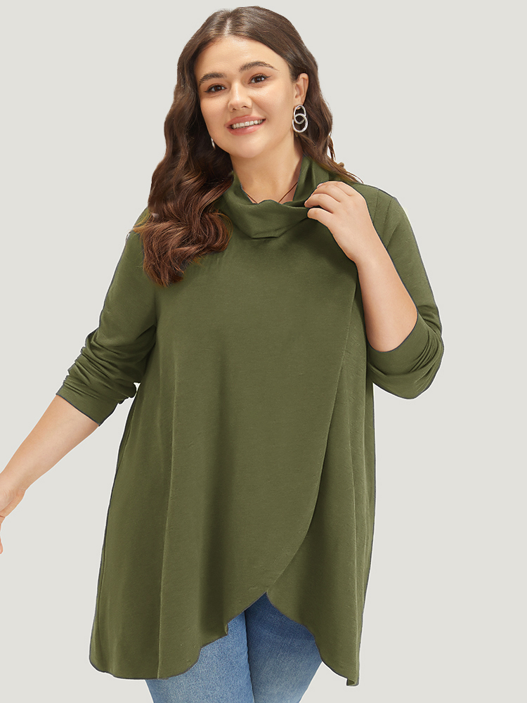 

Plus Size Plain Wrap Hem Turtleneck Sweatshirt Women ArmyGreen Elegant Wrap Turtleneck Dailywear Sweatshirts BloomChic