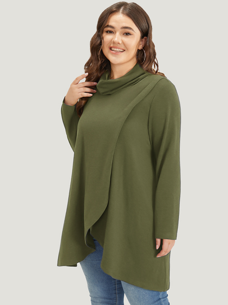 

Plus Size Plain Wrap Hem Turtleneck Sweatshirt Women ArmyGreen Elegant Wrap Turtleneck Dailywear Sweatshirts BloomChic