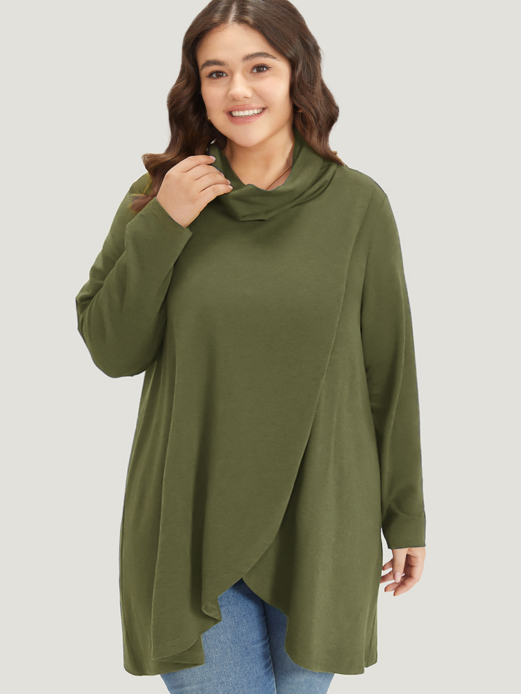 Plus Size Plain Wrap Hem Turtleneck Sweatshirt Women ArmyGreen Elegant Wrap Turtleneck Dailywear Sweatshirts BloomChic 30/6X 