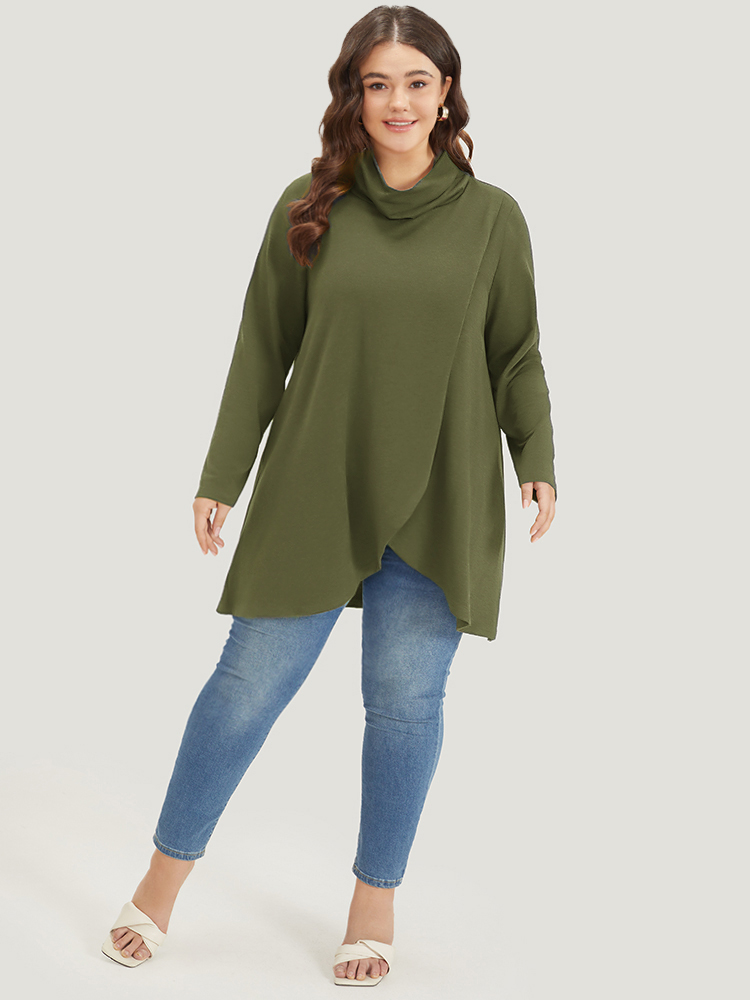 Plus Size Plain Wrap Hem Turtleneck Sweatshirt Women ArmyGreen Elegant Wrap Turtleneck Dailywear Sweatshirts BloomChic 30/6X 