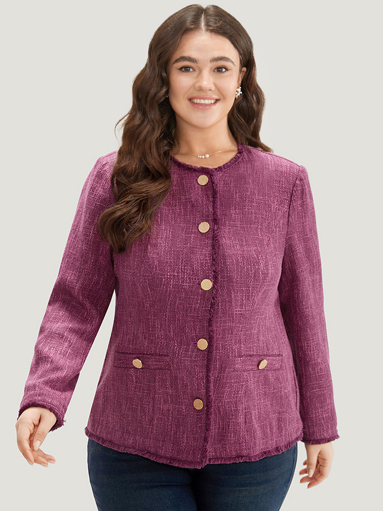 

Plus Size Texture Buckle Detail Fuzzy Trim Jacket Women RedViolet Texture Pocket Dailywear Jackets BloomChic