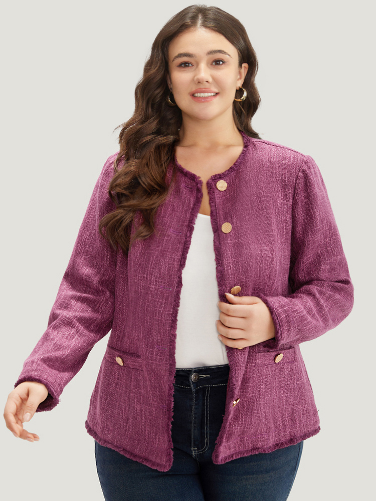 

Plus Size Texture Buckle Detail Fuzzy Trim Jacket Women RedViolet Texture Pocket Dailywear Jackets BloomChic