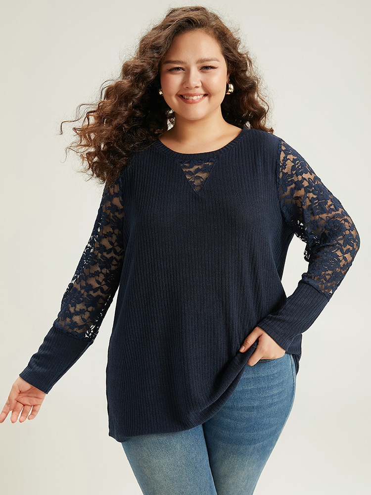 

Plus Size Crochet Lace Mesh Crew Neck Sweatshirt Indigo Women Elegant Plain Plain Round Neck Dailywear T-shirts BloomChic