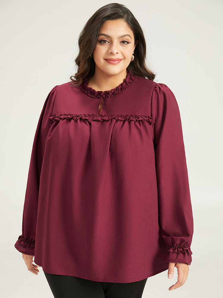 

Plus Size Maroon Solid Frill Trim Puff Sleeve Blouse Women Office Long Sleeve Round Neck Work Blouses BloomChic