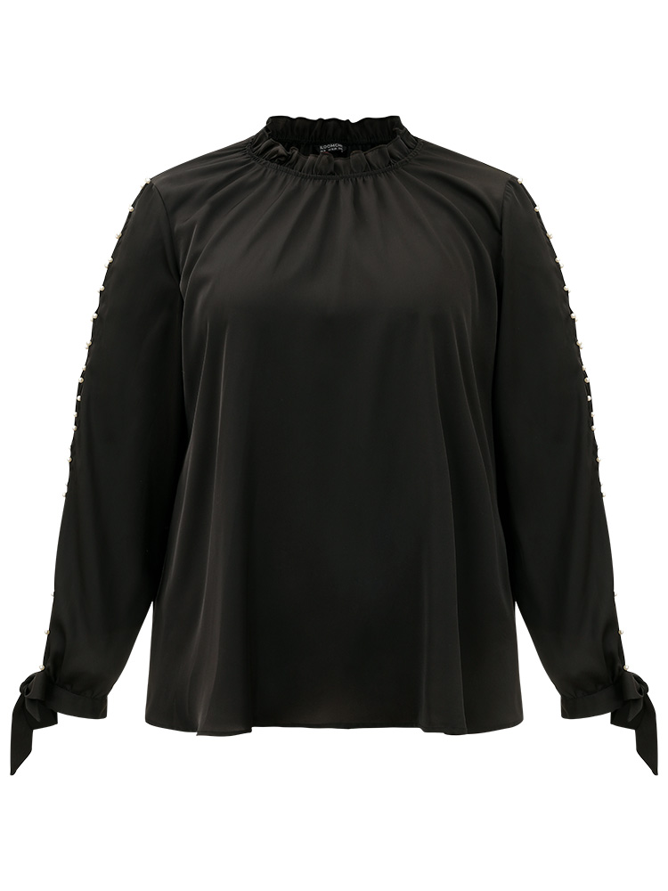 Plus Size Women Work Plain Beaded Regular Sleeve Long Sleeve Halter neck Office Blouses BloomChic 