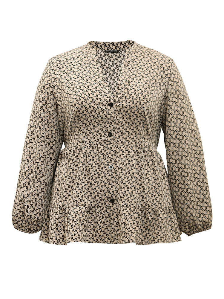 Plus Size LightBrown Geometric Print Button Through Lantern Sleeve Blouse Women Office Long Sleeve V-neck Work Blouses BloomChic 12/L 