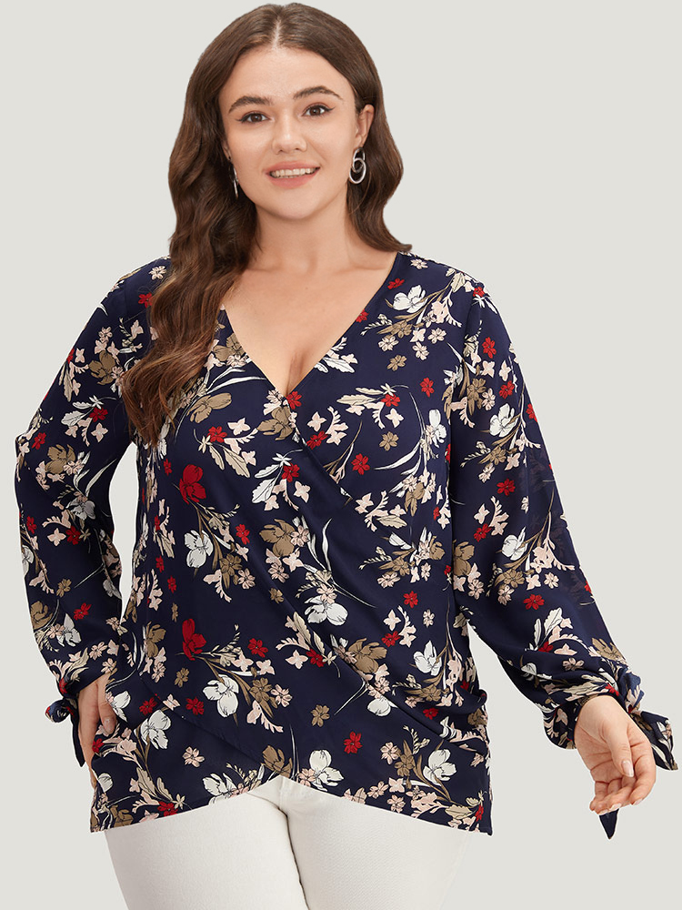 Plus Size Indigo Floral V Neck Wrap Twist Sleeve Blouse Women Elegant Long Sleeve V-neck Dailywear Blouses BloomChic 18-20/2X 