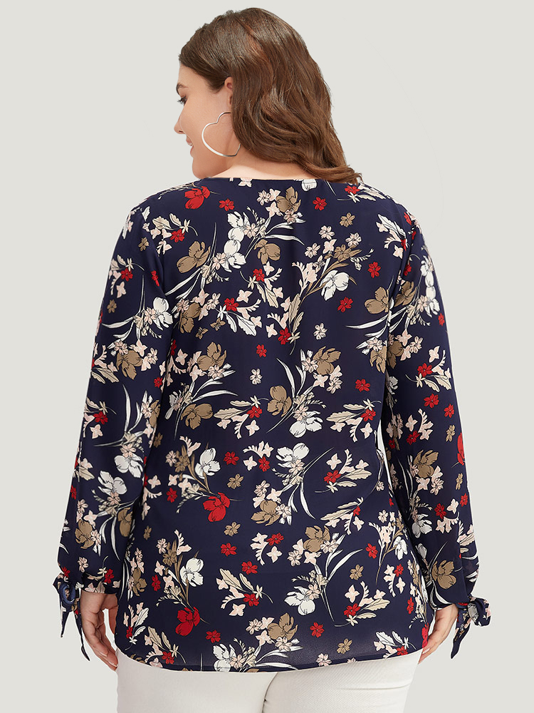 Plus Size Indigo Floral V Neck Wrap Twist Sleeve Blouse Women Elegant Long Sleeve V-neck Dailywear Blouses BloomChic 18-20/2X 
