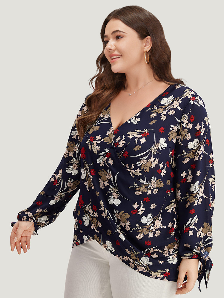 Plus Size Indigo Floral V Neck Wrap Twist Sleeve Blouse Women Elegant Long Sleeve V-neck Dailywear Blouses BloomChic 18-20/2X 