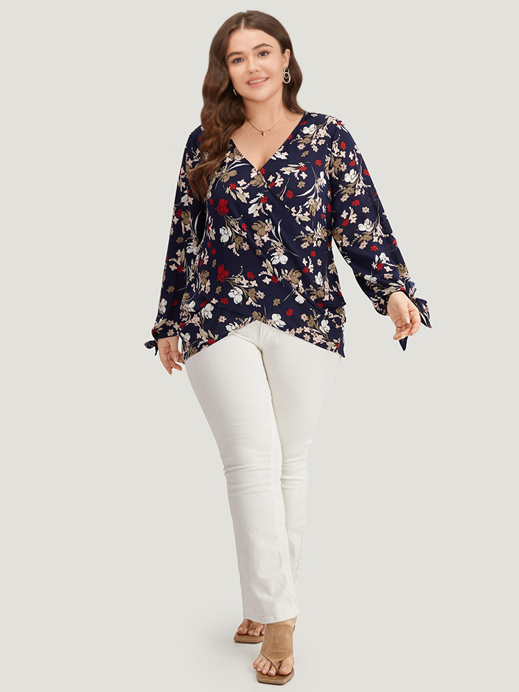 Plus Size Indigo Floral V Neck Wrap Twist Sleeve Blouse Women Elegant Long Sleeve V-neck Dailywear Blouses BloomChic 18-20/2X 