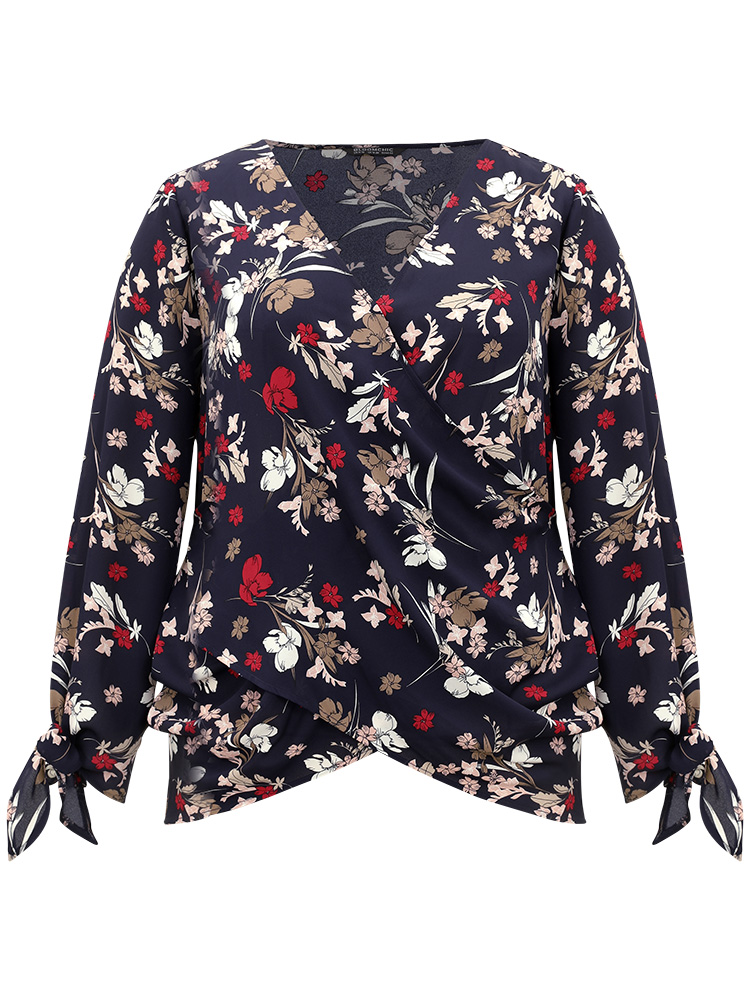 Plus Size Indigo Floral V Neck Wrap Twist Sleeve Blouse Women Elegant Long Sleeve V-neck Dailywear Blouses BloomChic 18-20/2X 