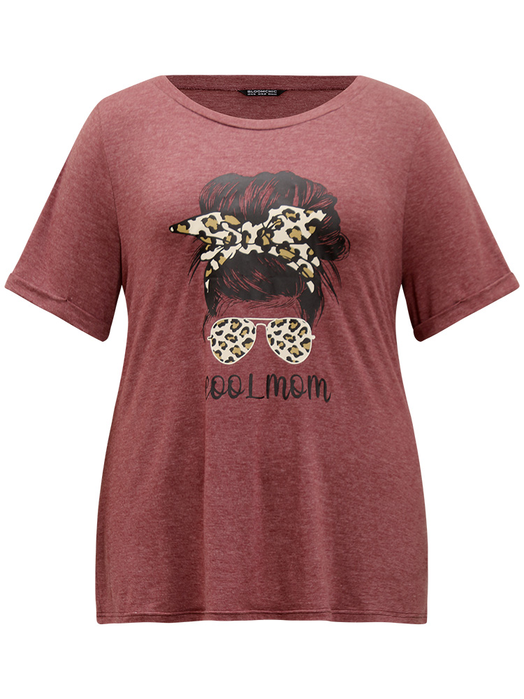 

Plus Size Leopard Print Round Neck Cuffed Sleeve T-shirt Scarlet Women Casual Printed Art&design Round Neck Dailywear T-shirts BloomChic