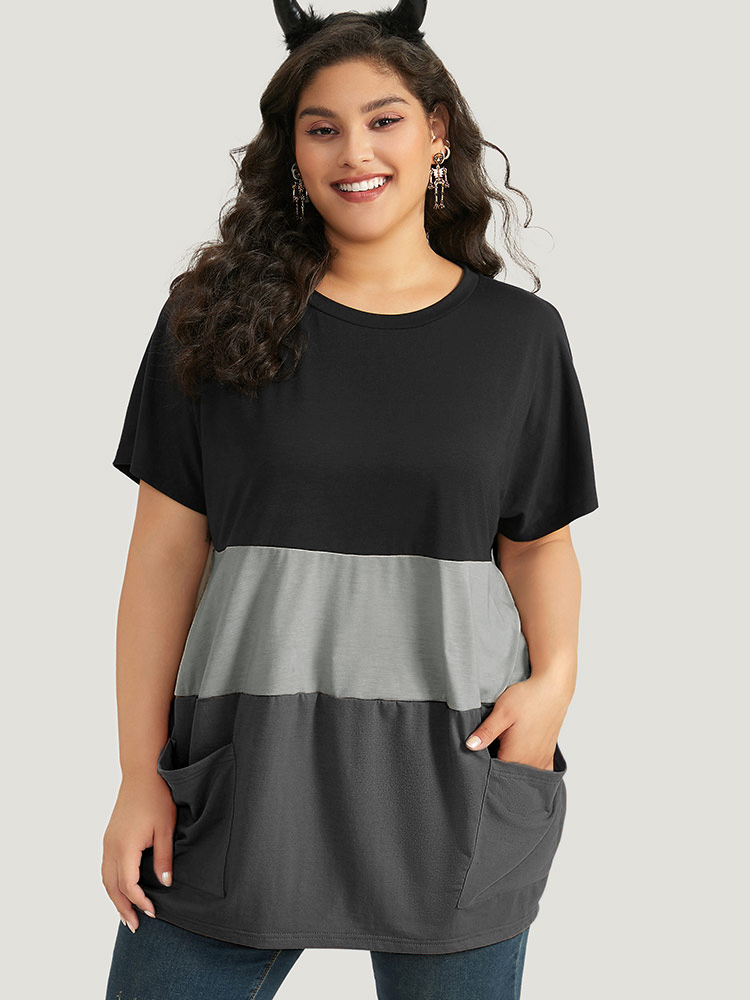 

Plus Size Halloween Colorblock Contrast Pocket Crew Neck T-shirt Gray Women Casual Contrast Plain Round Neck Festival-Halloween T-shirts BloomChic
