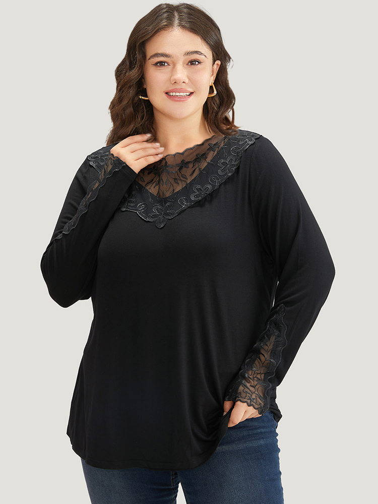 Plus Size Women Dailywear Plain Plain Regular Sleeve Long Sleeve Round Neck Elegant T-shirts BloomChic 