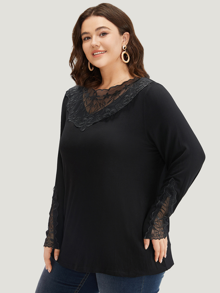 Plus Size Women Dailywear Plain Plain Regular Sleeve Long Sleeve Round Neck Elegant T-shirts BloomChic 