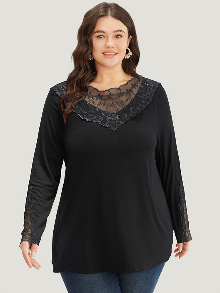 Plus Size Women Dailywear Plain Plain Regular Sleeve Long Sleeve Round Neck Elegant T-shirts BloomChic 