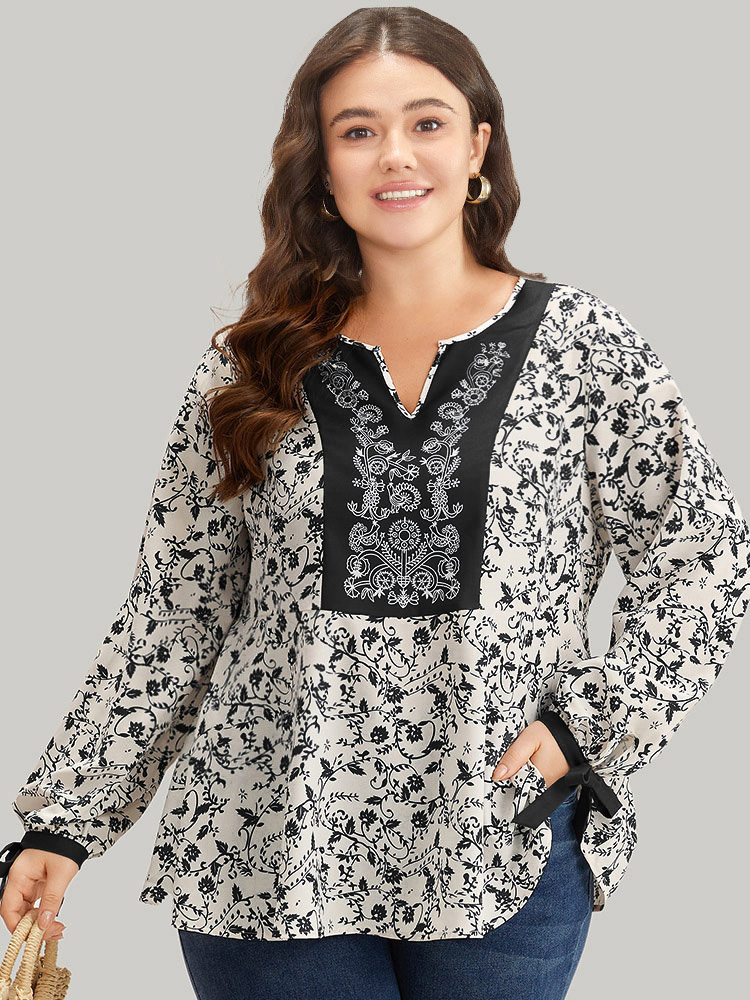 

Plus Size Black Boho Print Notched Knot Lantern Sleeve Blouse Women Vacation Long Sleeve Notched collar Dailywear Blouses BloomChic