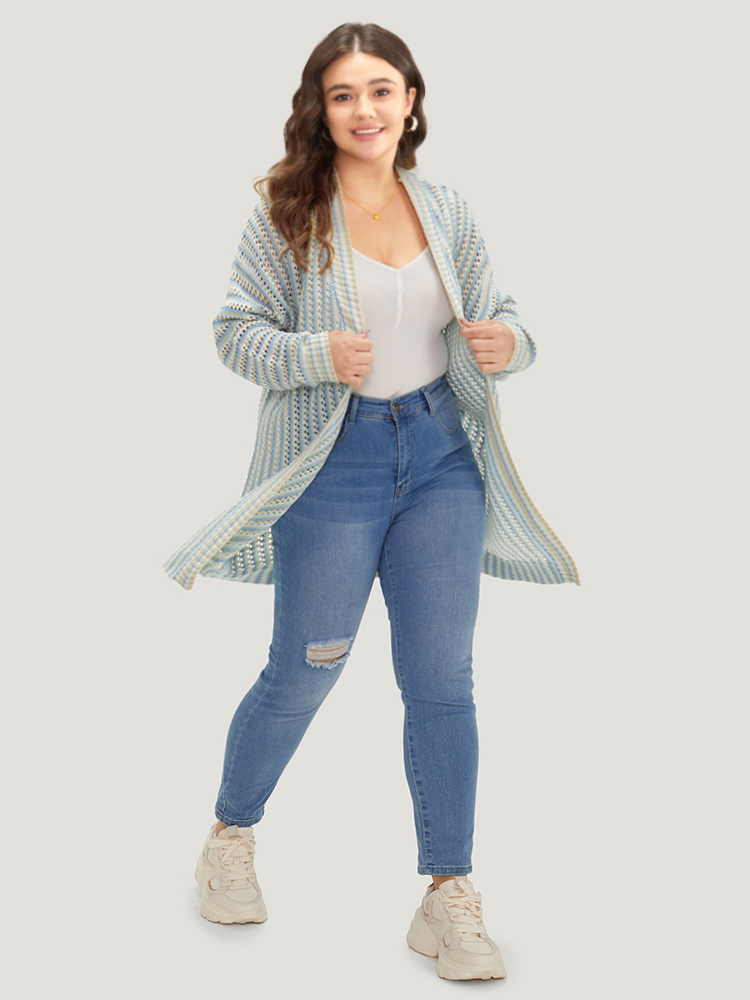 Plus Size Cardigans | Contrast Geo Eyelet Drop Shoulder Cardigan | BloomChic 