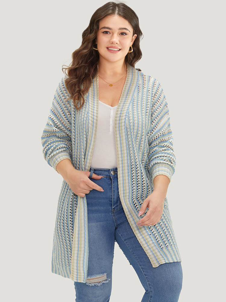 Plus Size Cardigans | Contrast Geo Eyelet Drop Shoulder Cardigan | BloomChic 