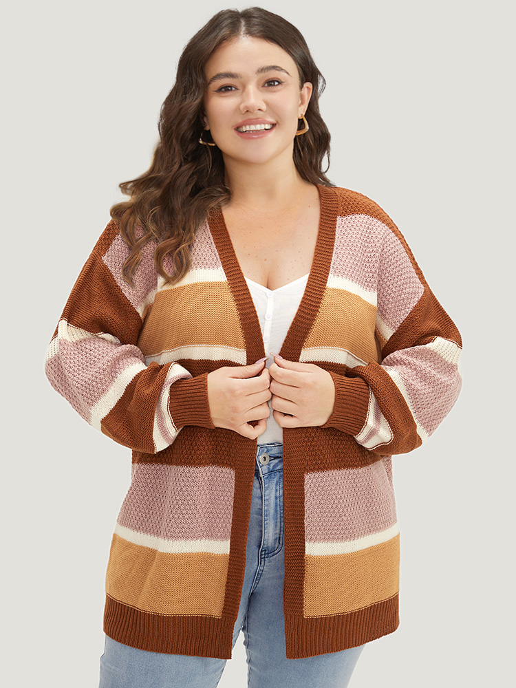 

Plus Size Striped Contrast Elastic Cuffs Cardigan Multicolor Women Casual Loose Long Sleeve Dailywear Cardigans BloomChic