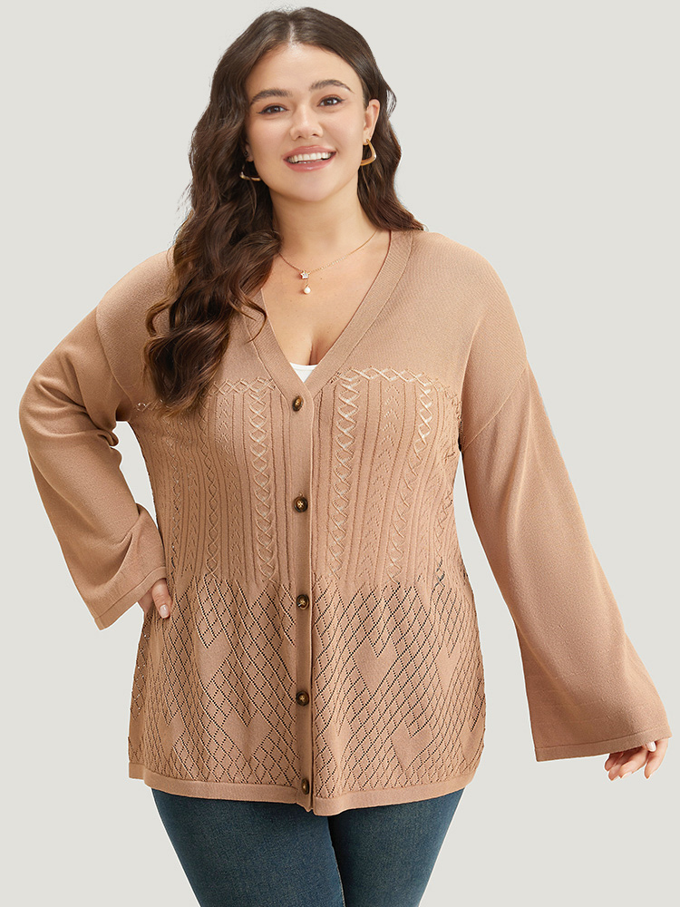 

Plus Size Geometric Hollow Out Button Up Cardigan Tan Women Casual Loose Long Sleeve Everyday Cardigans BloomChic