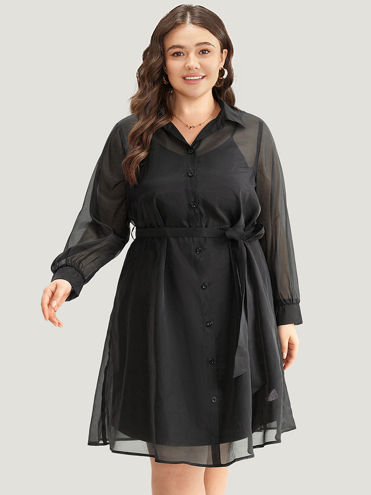 

Plus Size Shirt Collar Button Up Belted Mesh Dress Black Women Elegant Lined Shirt collar Long Sleeve Curvy Midi Dress BloomChic