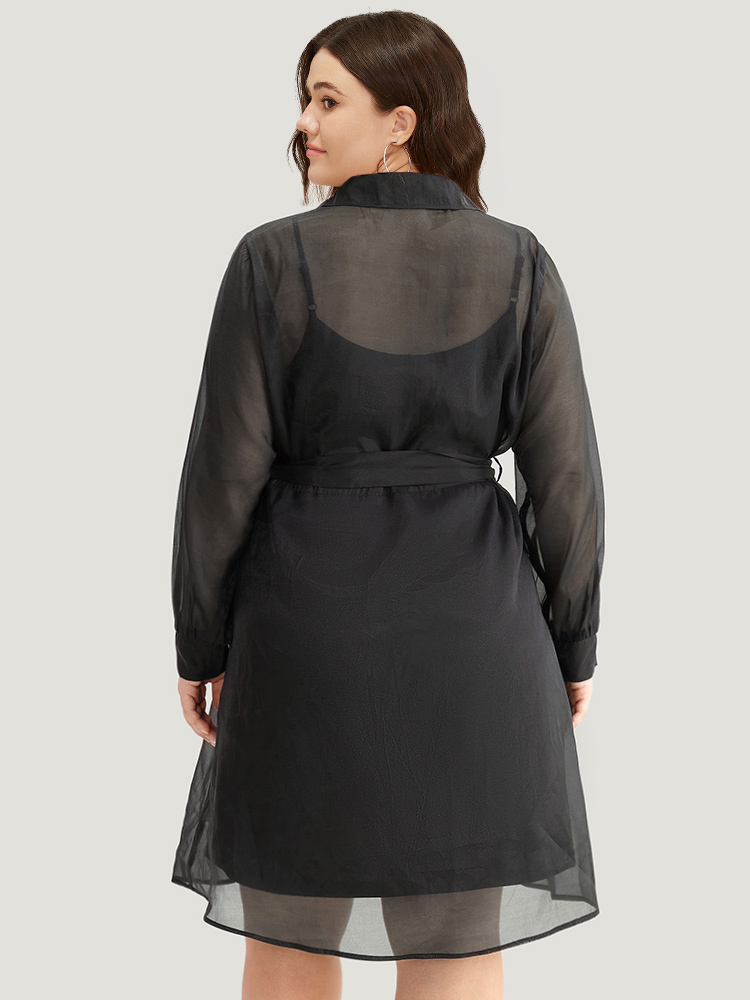 

Plus Size Shirt Collar Button Up Belted Mesh Dress Black Women Elegant Lined Shirt collar Long Sleeve Curvy Midi Dress BloomChic