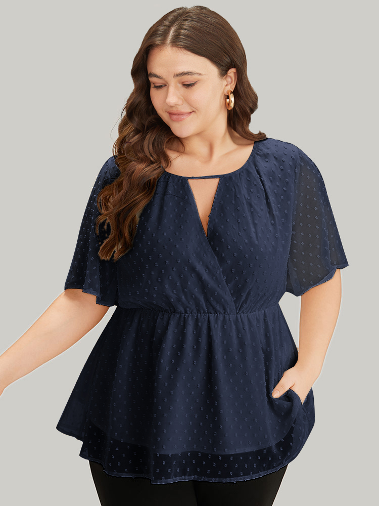 

Plus Size Indigo Polka Dot Keyhole Mesh Gathered Flutter Sleeve Blouse Women Office Short sleeve V-neck Work Blouses BloomChic