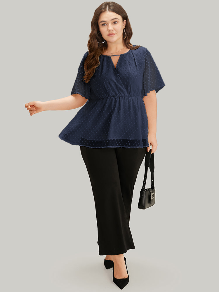 

Plus Size Indigo Polka Dot Keyhole Mesh Gathered Flutter Sleeve Blouse Women Office Short sleeve V-neck Work Blouses BloomChic