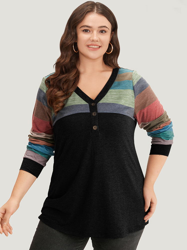 

Plus Size Colorblock Contrast V Neck Button Up T-shirt Black Women Casual Elastic cuffs Striped V-neck Everyday T-shirts BloomChic