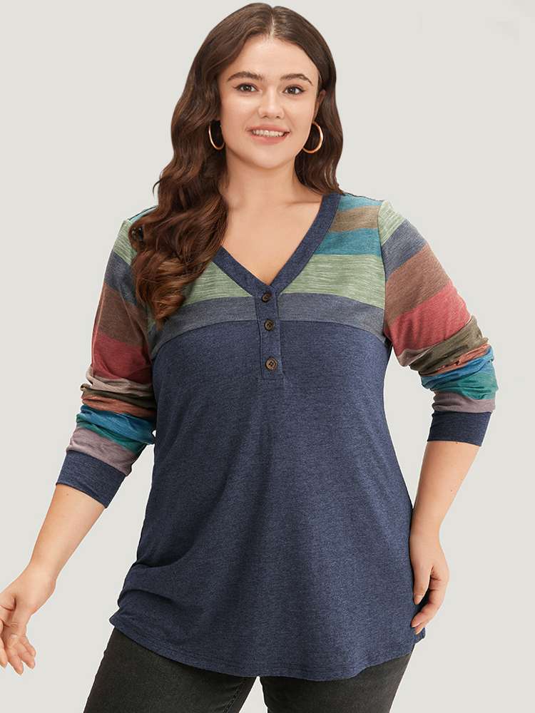 

Plus Size Colorblock Contrast V Neck Button Up T-shirt Blue Women Casual Elastic cuffs Striped V-neck Everyday T-shirts BloomChic