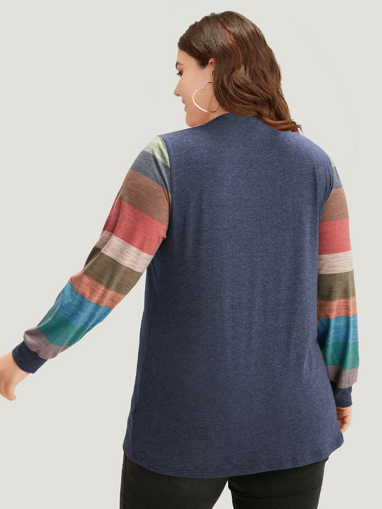Plus Size Colorblock Contrast V Neck Button Up T-shirt Blue Women Casual Elastic cuffs Striped V-neck Everyday T-shirts BloomChic 28/5X 