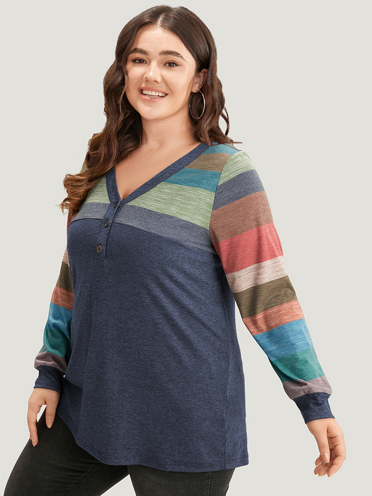 Plus Size Colorblock Contrast V Neck Button Up T-shirt Blue Women Casual Elastic cuffs Striped V-neck Everyday T-shirts BloomChic 28/5X 