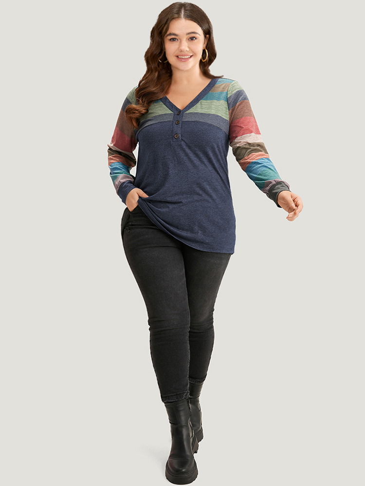 Plus Size Colorblock Contrast V Neck Button Up T-shirt Blue Women Casual Elastic cuffs Striped V-neck Everyday T-shirts BloomChic 28/5X 