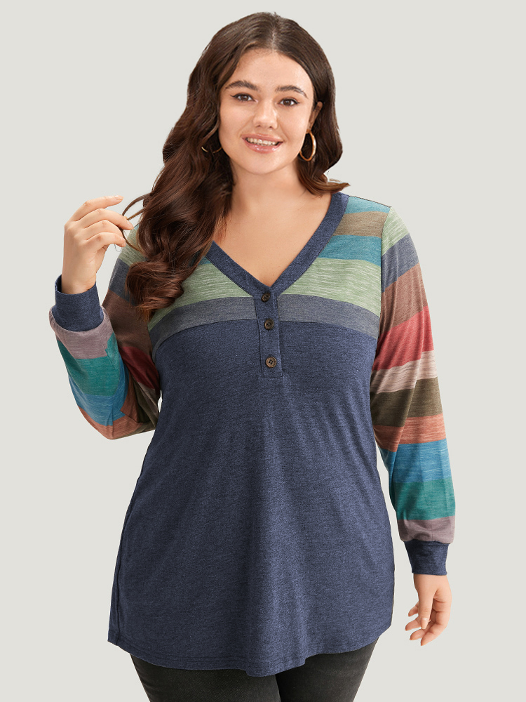 Plus Size Colorblock Contrast V Neck Button Up T-shirt Blue Women Casual Elastic cuffs Striped V-neck Everyday T-shirts BloomChic 28/5X 