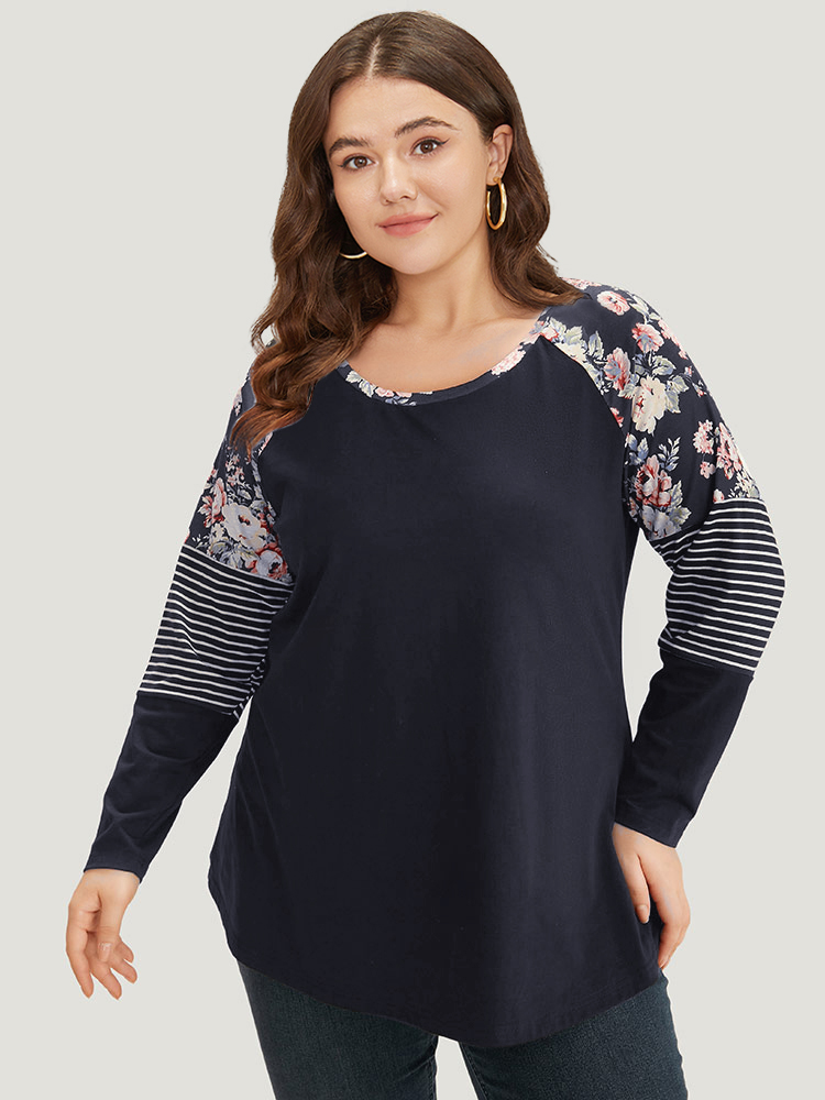 

Plus Size Floral Striped Patchwork Crew Neck Raglan Sleeve T-shirt Midnight Women Casual Contrast Striped Round Neck Dailywear T-shirts BloomChic